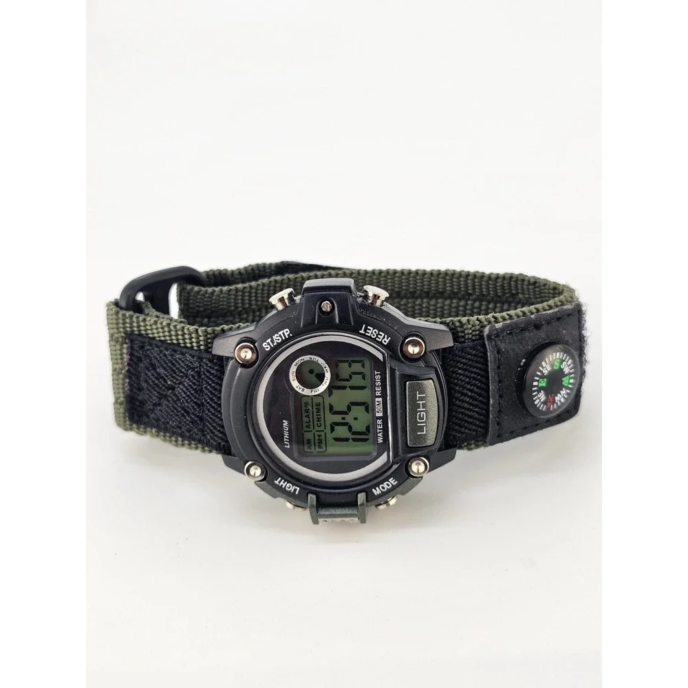 Men's Sports Digital Watch 46MM Black Green Nylon Band Compass New Battery